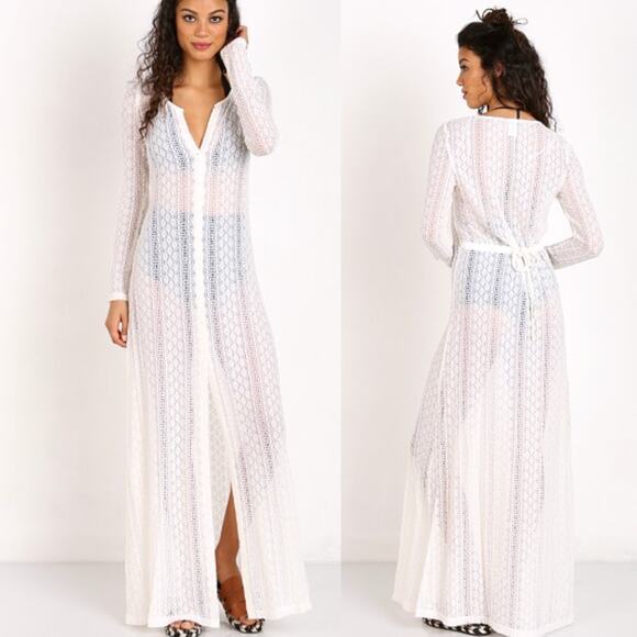 L*SPACE White Crochet Knit Sheer Button Down Maxi Cover Up Dress Small - Picture 1 of 7